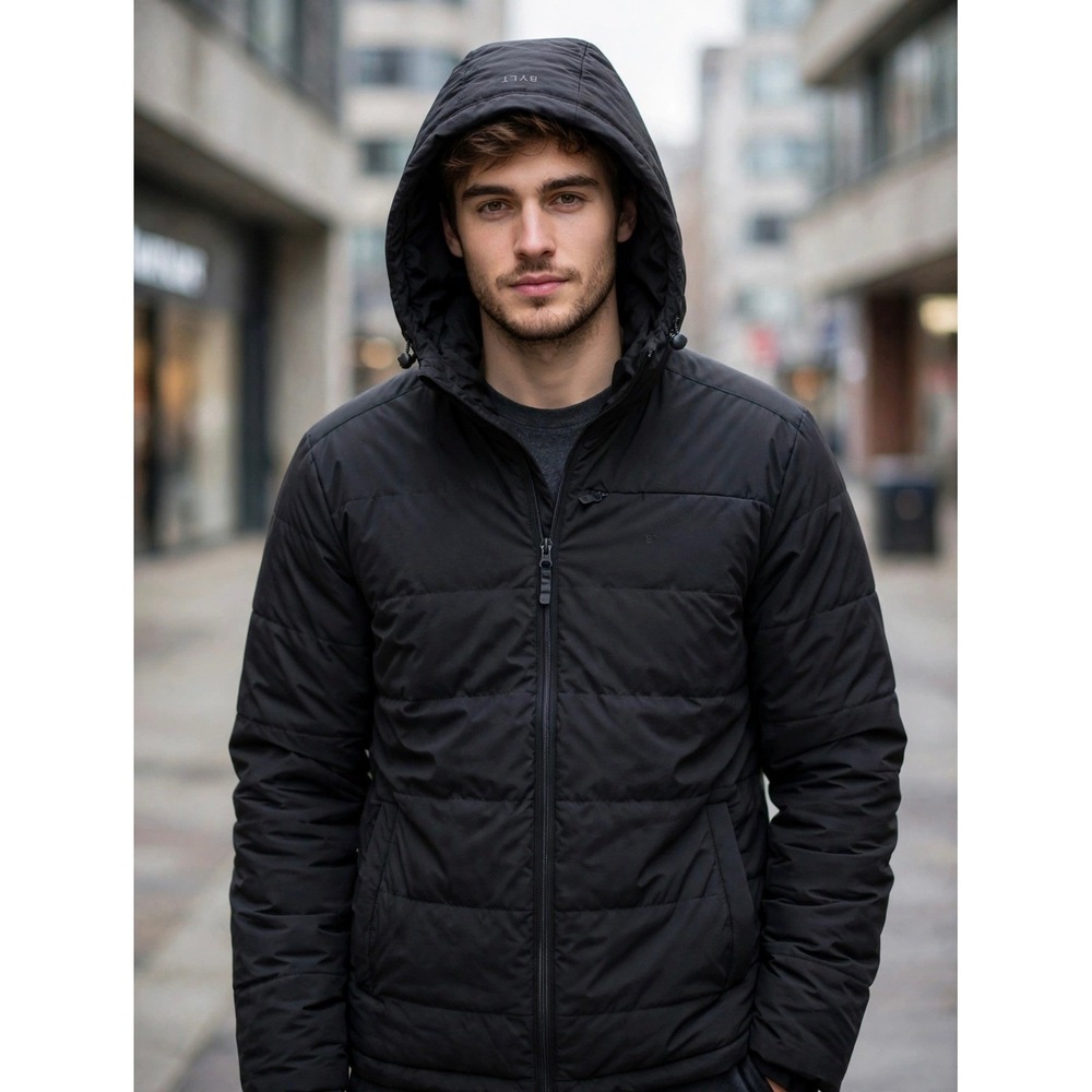 BYLT Premium Basics Mens Drop Cut Puffer Jacket Black Hooded Size Medium